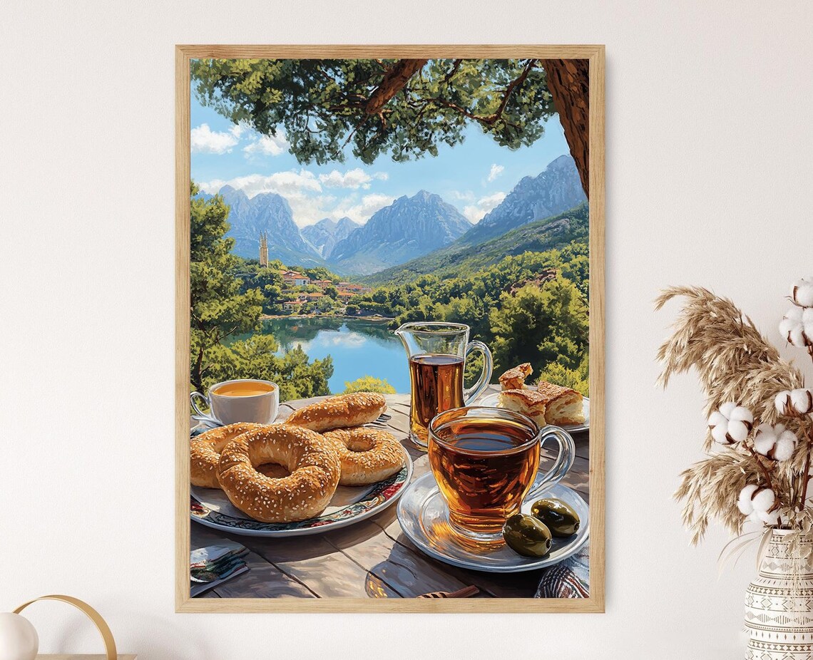 Turkish Breakfast Art Print Ay And Simit Olives And Tea Illustration Restaurant Decor