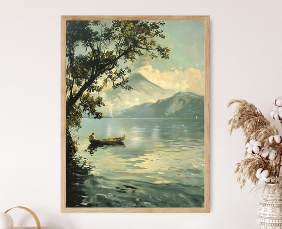 Lake Coatepeque Fisherman Painting El Salvadorian Nature Art Print Serene Landscape With Volcanoes
