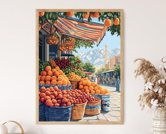 Saidsadiq Fruit Stall With Peaches And Woven Baskets Traditional Kurdish Market Scene With Mountain View