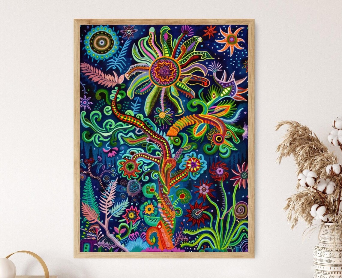 Huichol Art Inspired Poster, Colorful Mexican Decor