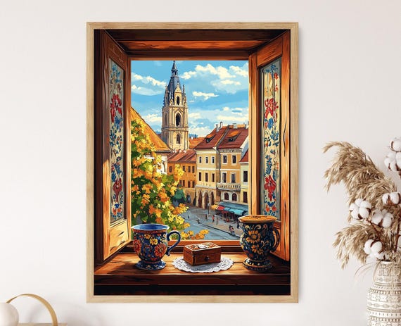 Cluj Napoca Wooden Window Illustration Romanian Folk Motifs Gothic Cathedral View