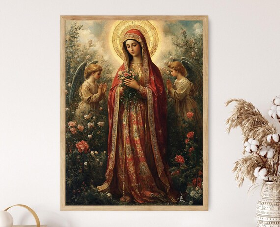 Madonna in Rose Garden With Angels Heavenly Christian Poster