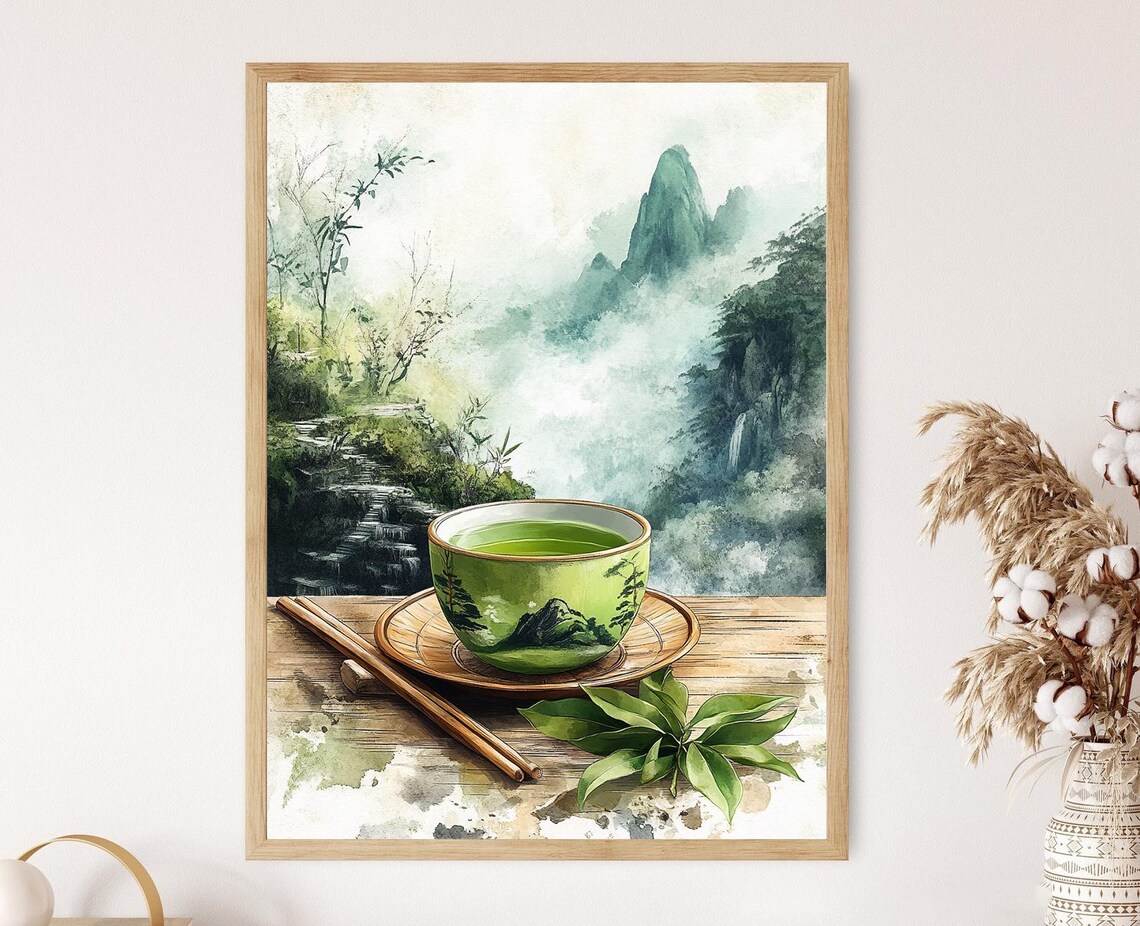 Green Tea Art Print Bamboo Teacup With Landscape Painting Motifs
