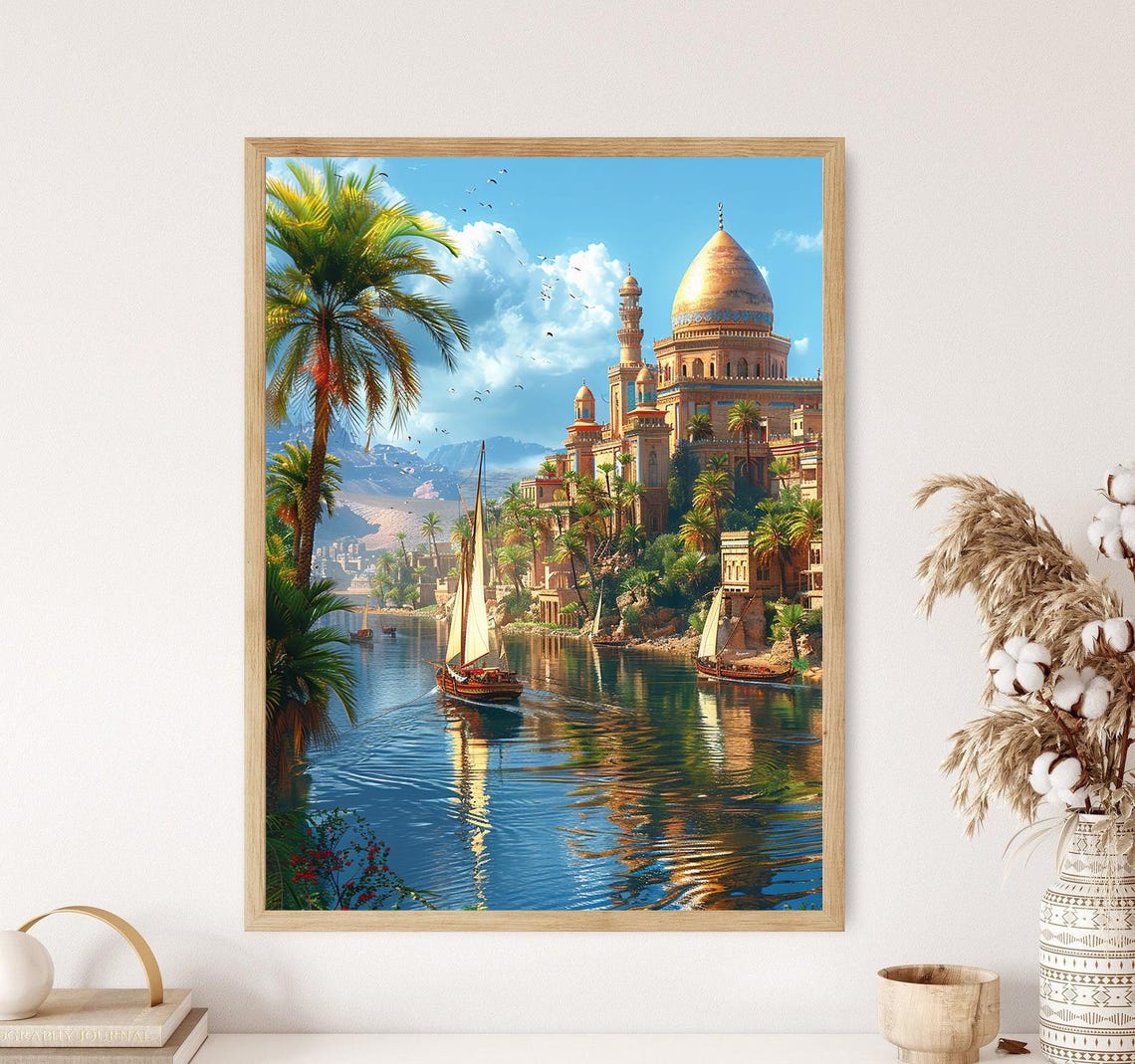Serene Nile River Scene Painting Ancient Egyptian Temples And Boats