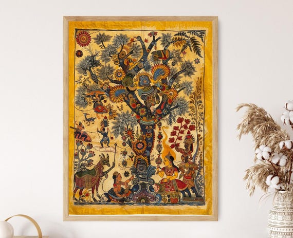 Kalamkari Art Print Exquisite Indian Pattern Bohemian Wall Accent Cultural Wedding Gift