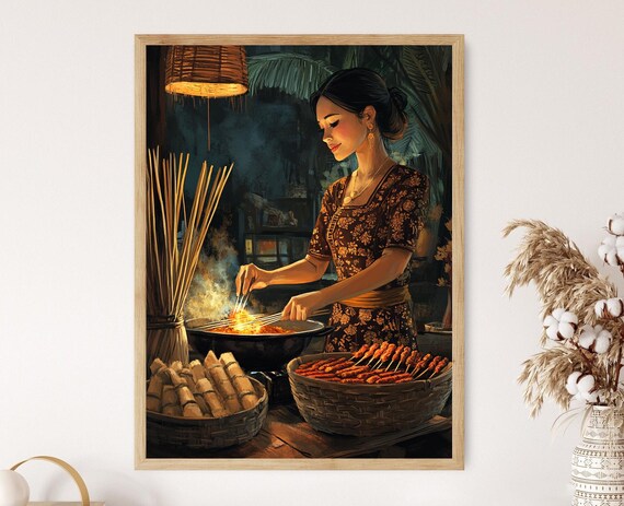 Woman Grilling Satay Skewers at Night Under Hanging Lamp Poster
