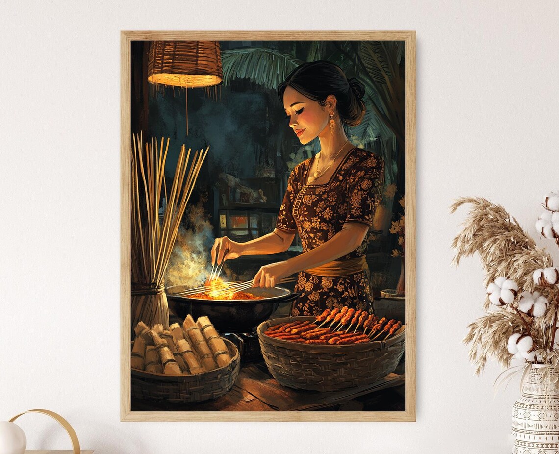 Woman Grilling Satay Skewers at Night Under Hanging Lamp Poster