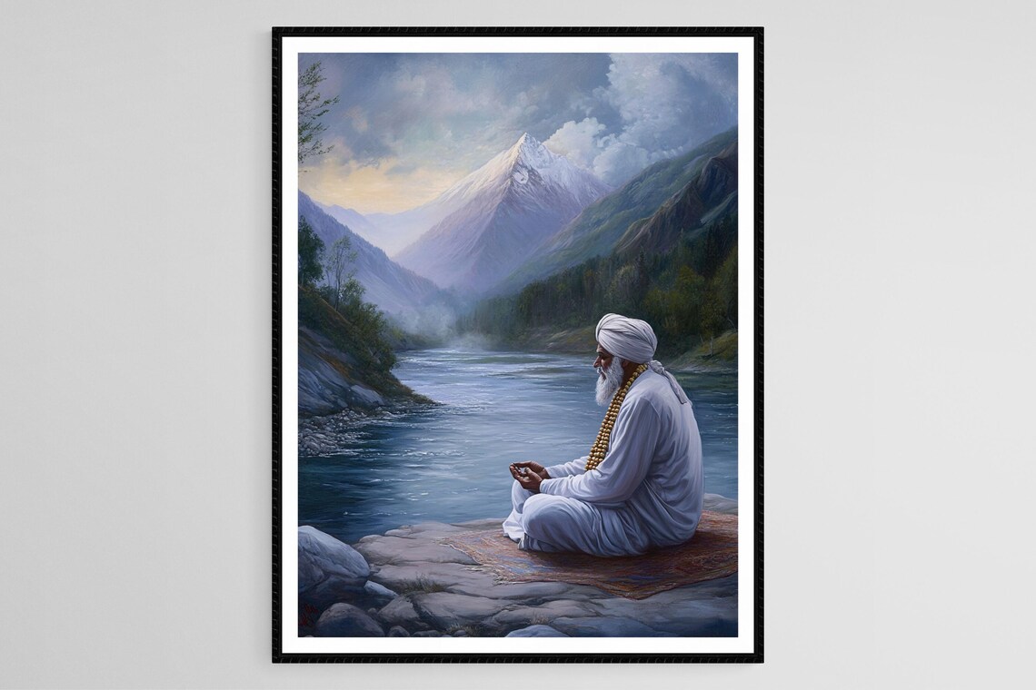 Sikh Elder Meditation, Mala Prayer Beads, Peaceful River