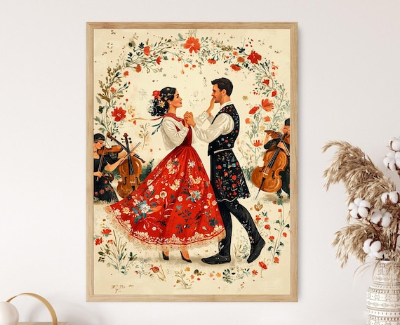 Maty Folk Dance Couple In Red Floral Skirt Under Flower Arch Poster