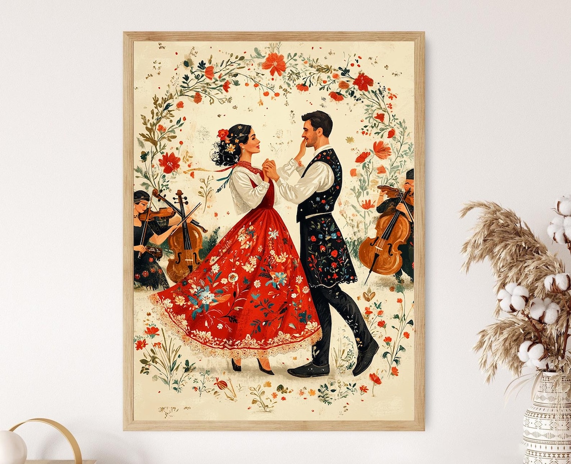Maty Folk Dance Couple In Red Floral Skirt Under Flower Arch Poster