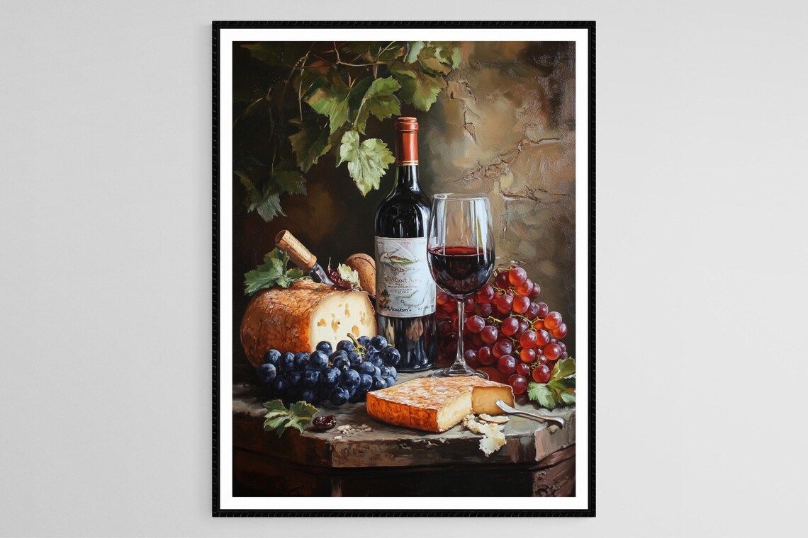 Red Wine Bottle Aged Cheese And Grapes Classic Still Life Poster