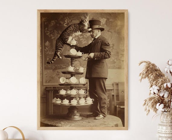 Victorian Butler With Towering Teacup Stack Funny Whimsical Vintage Photo Print