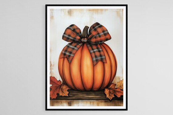 Orange Pumpkin With Buffalo Plaid Bow Tie On Rustic Wooden Wall Art