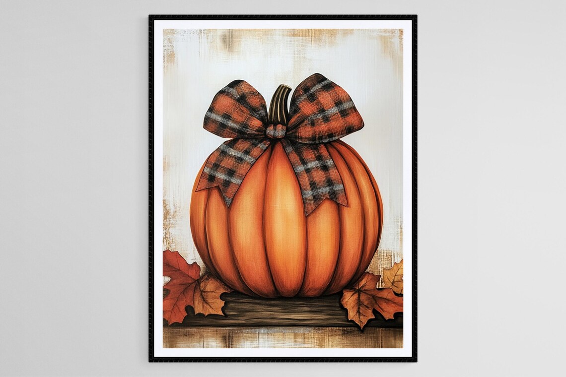 Orange Pumpkin With Buffalo Plaid Bow Tie On Rustic Wooden Wall Art