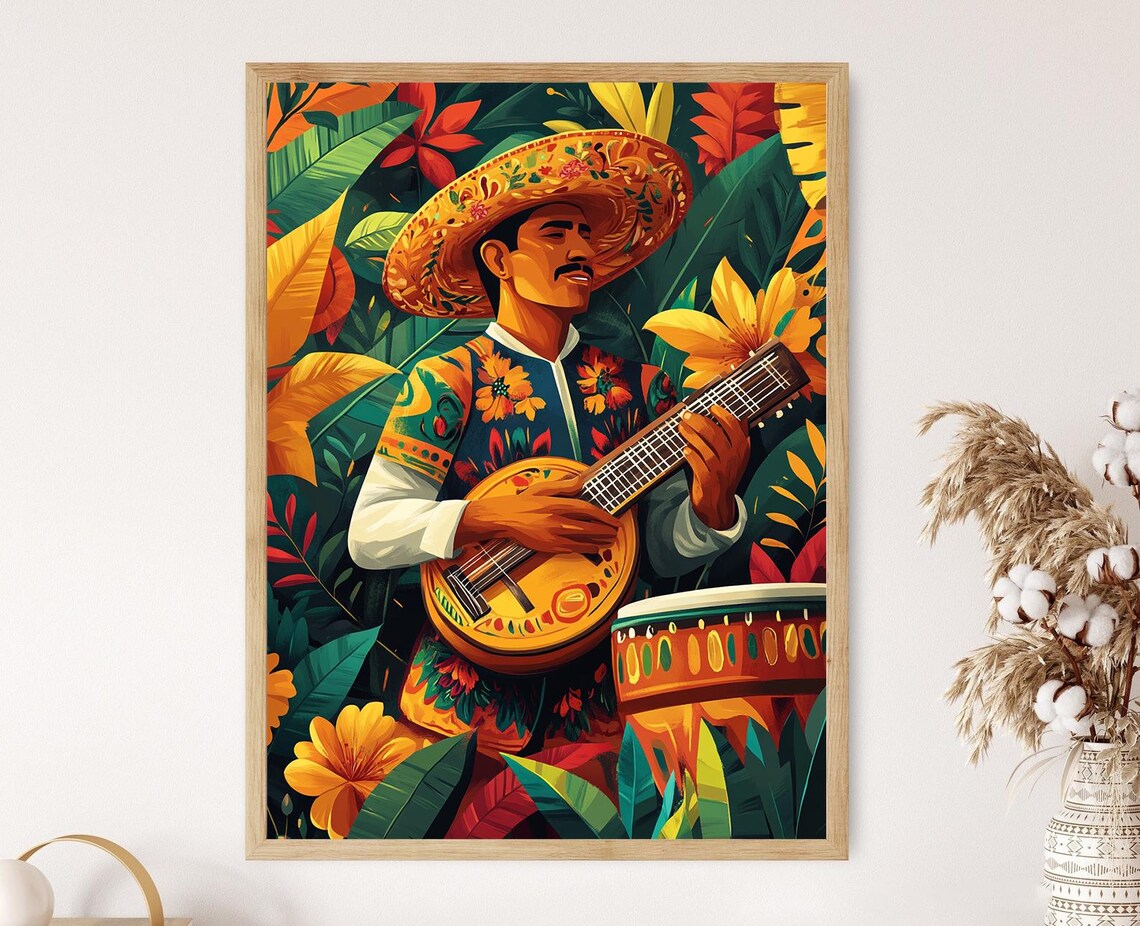 Mexican Folk Guitarist In Sombrero Playing Among Tropical Leaves Poster