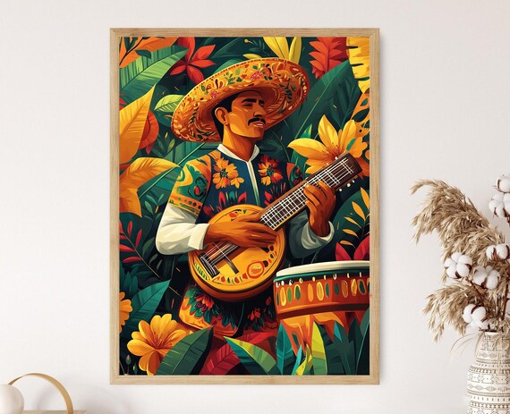 Mexican Folk Guitarist In Sombrero Playing Among Tropical Leaves Poster