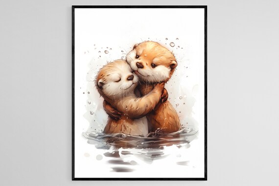 Two Cute Baby Otters Hugging in Water Soft Watercolor Nursery Poster