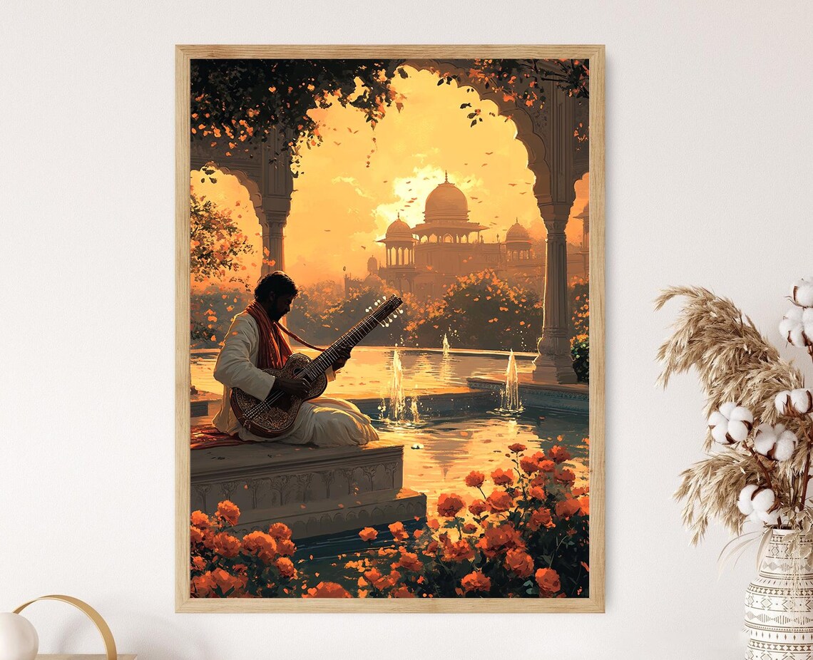 Sitar Player in Mughal Garden, Indian Music Art Print