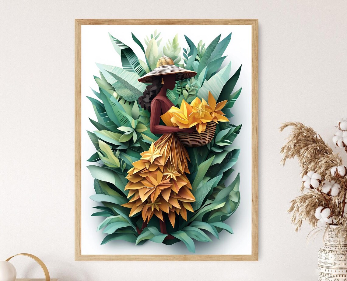 Starfruit Basket Tahitian Woman Illustration, Art Print
