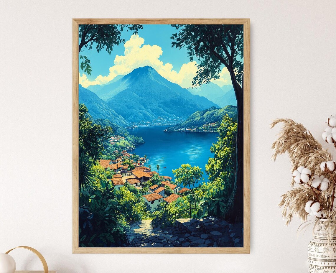 Lake Atitln Art Print, Deep Blue Volcano Landscape