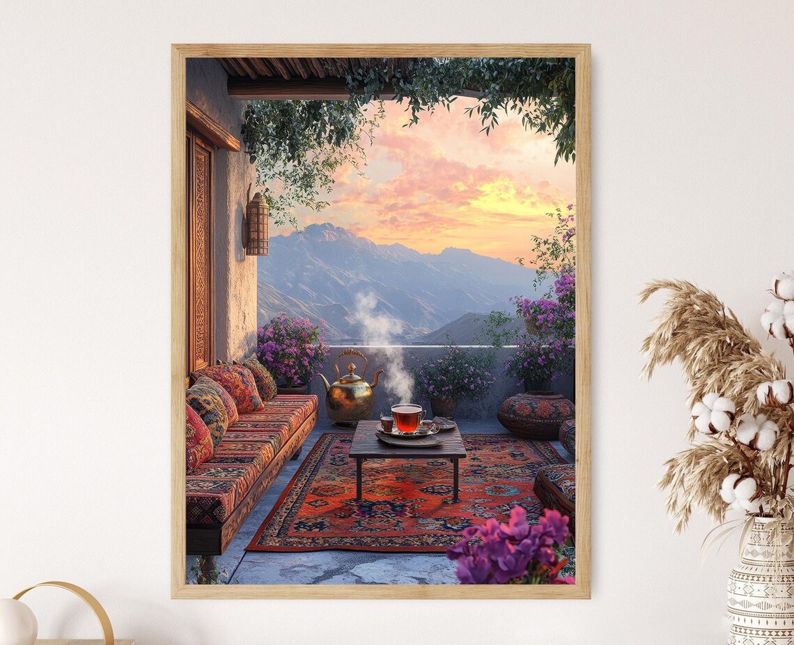 Halabja Rooftop Patio, Kurdish Rug and Tea Art Print