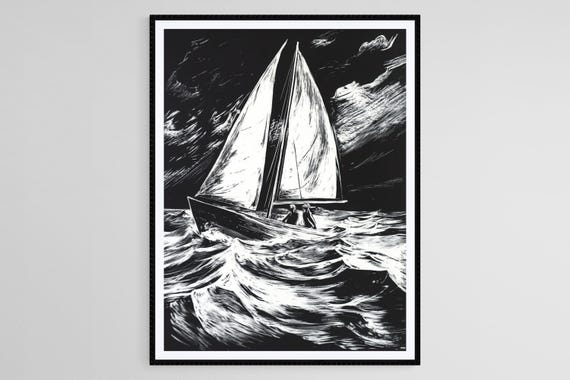 Sailboat Linocut Art Black And White Nautical Print Ocean Waves Wall Art
