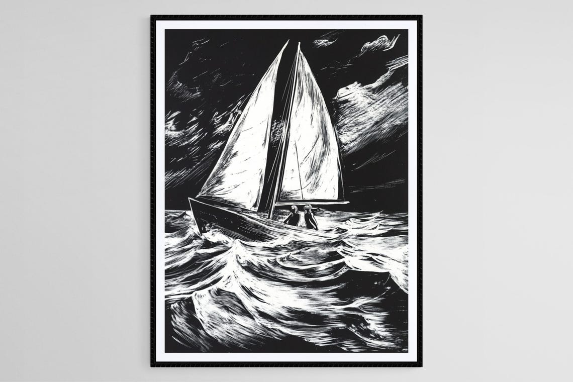 Sailboat Linocut Art Black And White Nautical Print Ocean Waves Wall Art
