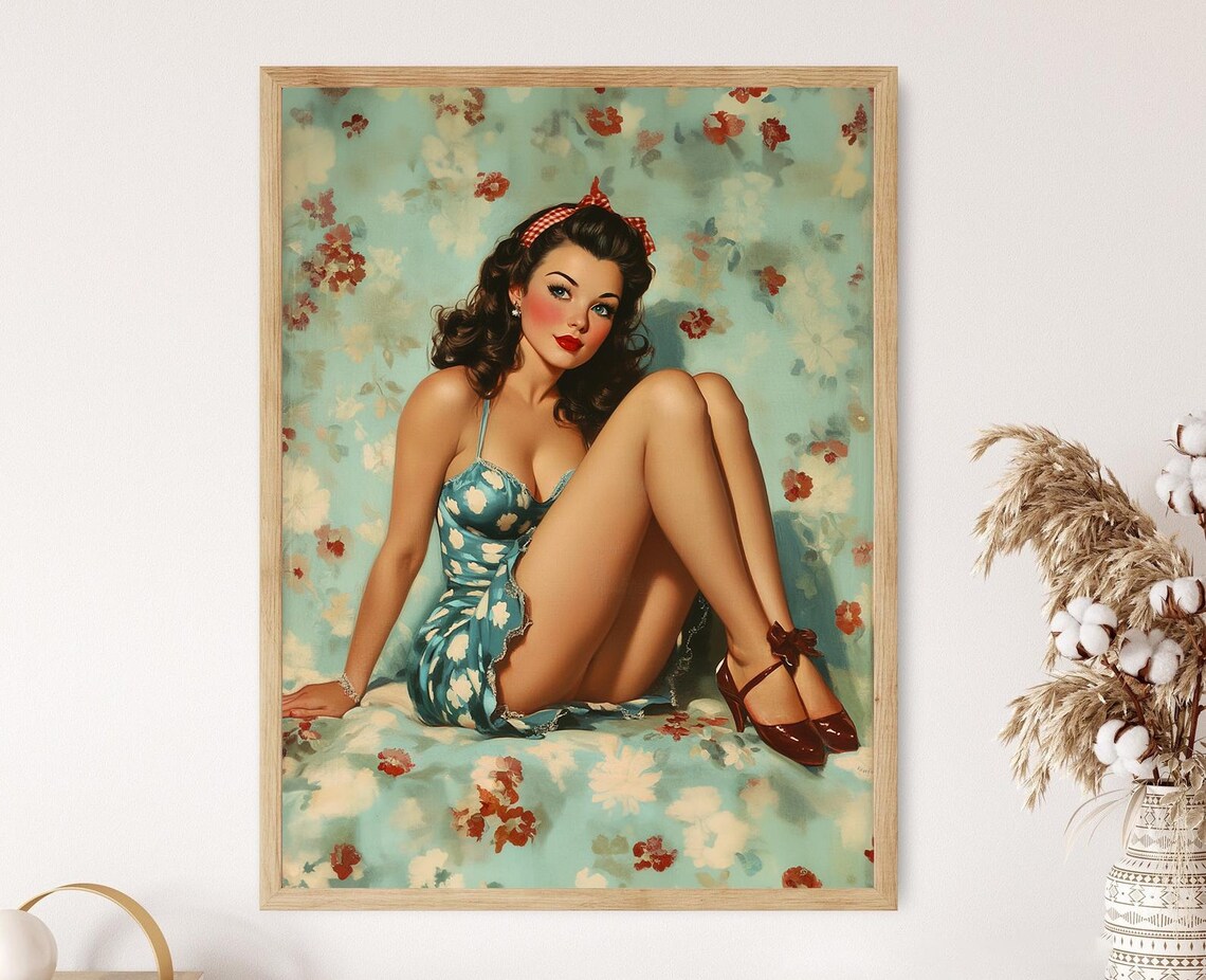Vintage Pin Up Woman Blue Polka Dot Dress Floral Backdrop Poster