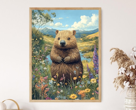 Wombat In Wildflower Meadow Tasmania Mountain Wildlife Art Poster