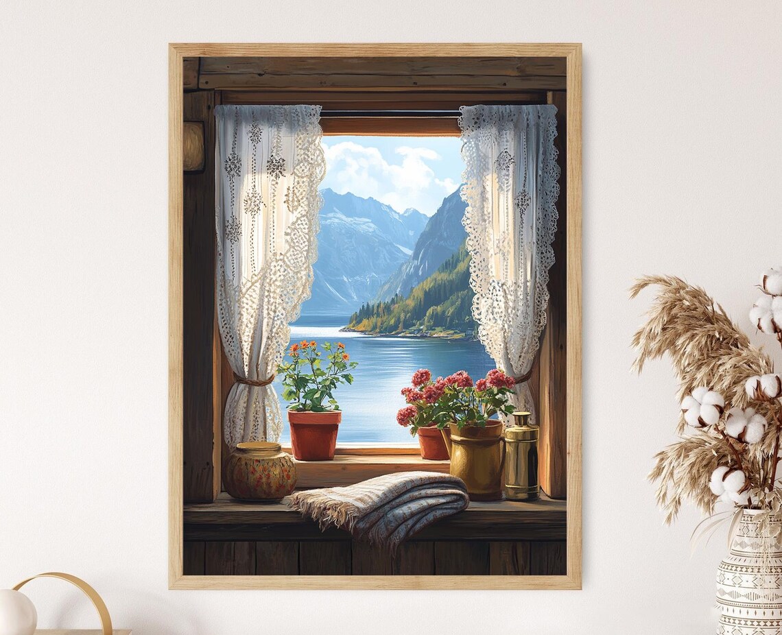 Hardanger Lace Curtain Art Print, Nordic Decor