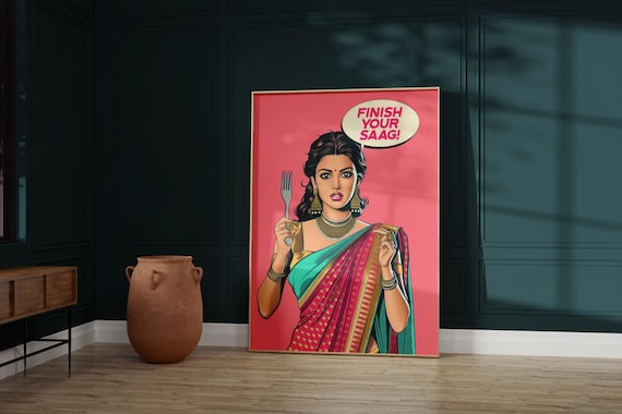 Finish Your Saag Indian Pop Art Woman in Saree Wall Art Decor