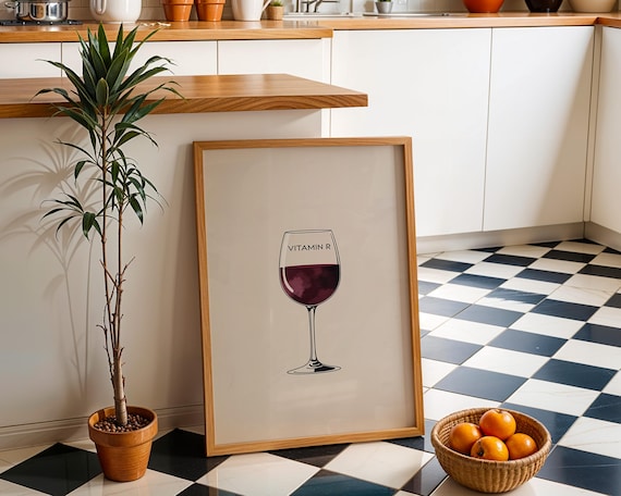 Vitamin R Wine Glass Funny Minimalist Kitchen Bar Decor Quote Art Poster