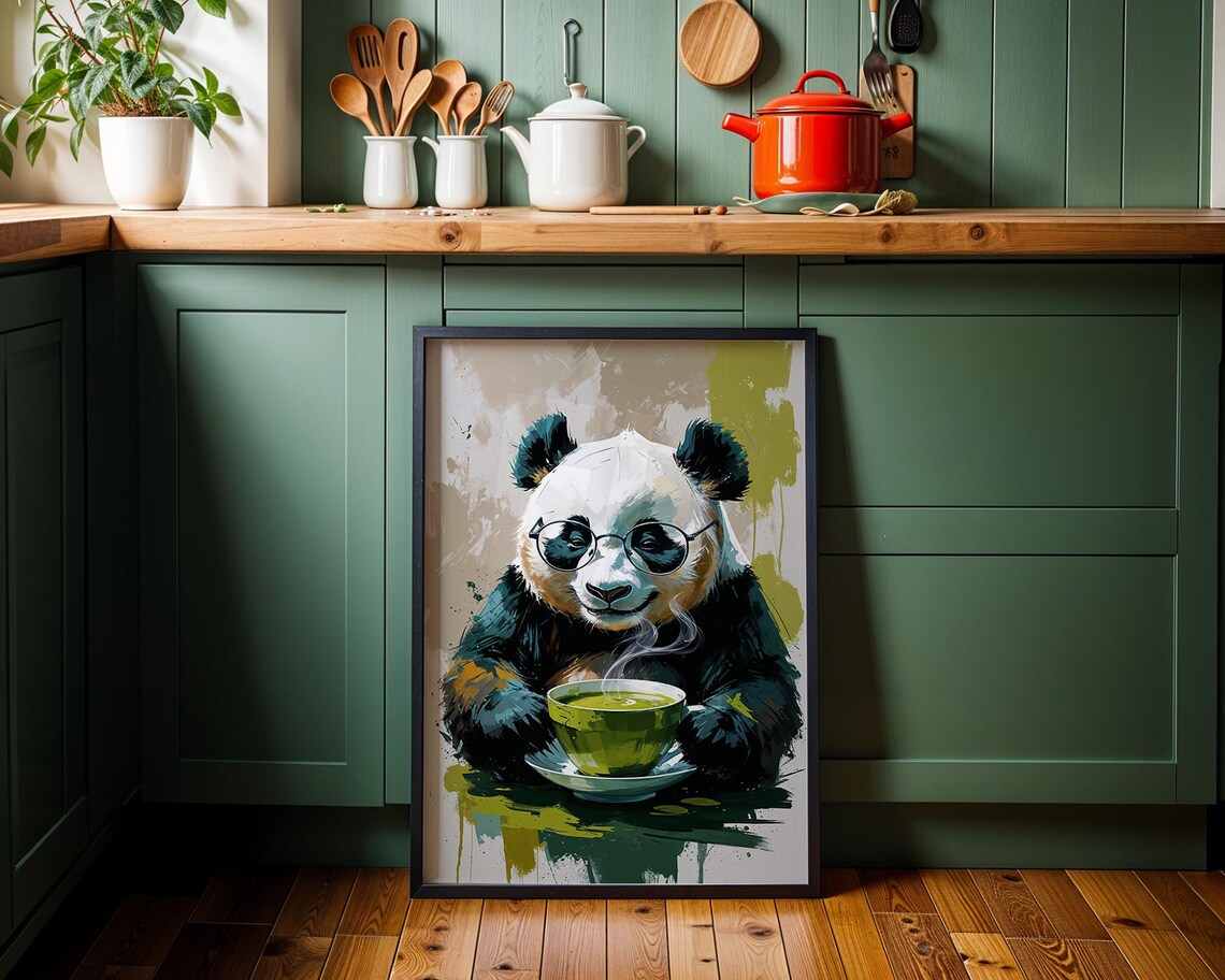 Tea Break With A Charming Panda Whimsical Animal Art