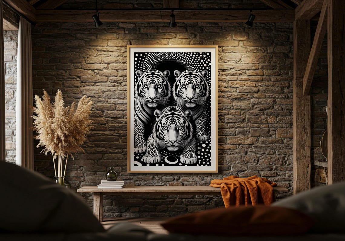 Three Tigers Black And White Optical Illusion Geometric Art Poster