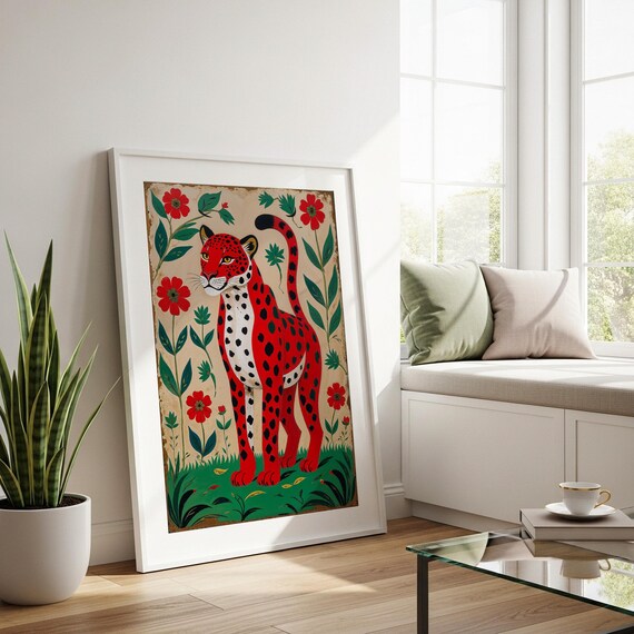 Folk Art Red Leopard Big Cat Vibrant Botanical Jungle Decor Poster