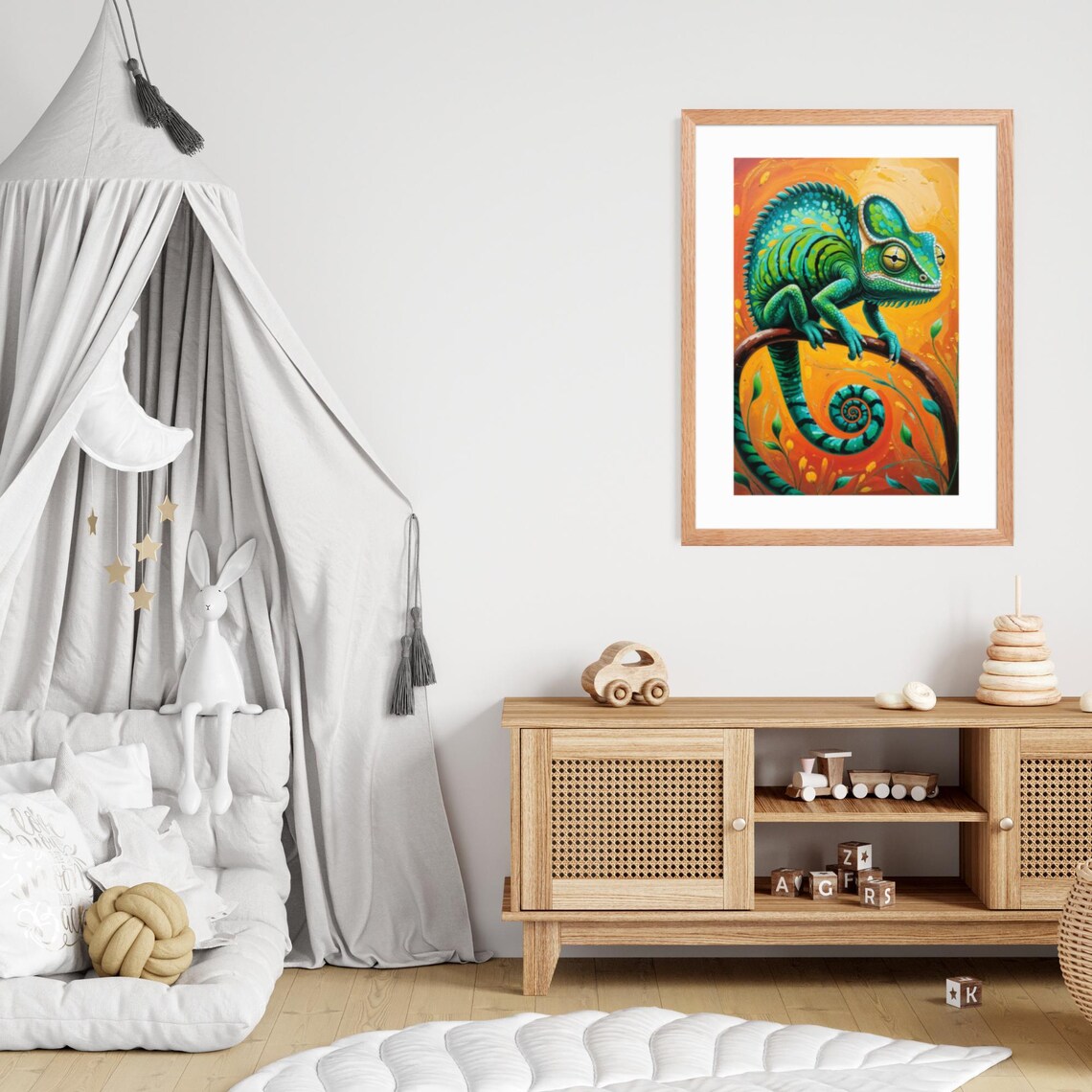Vivid Green Chameleon Orange Background Kids Jungle Art Poster