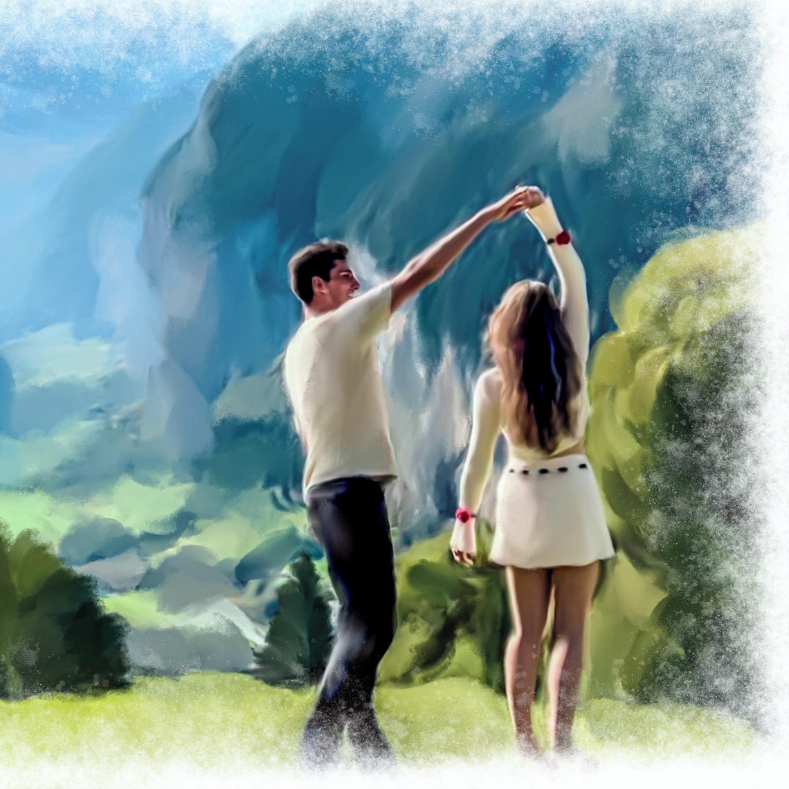 Joyful Young Couple Dancing in Mountain Meadow Watercolor Poster