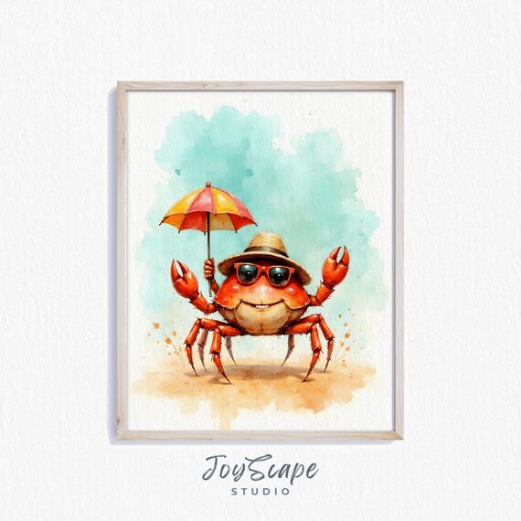 Beach Crab With Sunglasses And Umbrella Funny Watercolor Poster