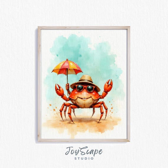 Funny Crab Watercolor Print Beach Umbrella Art Wall Decor With Hat Nursery Kids Room Instant 520