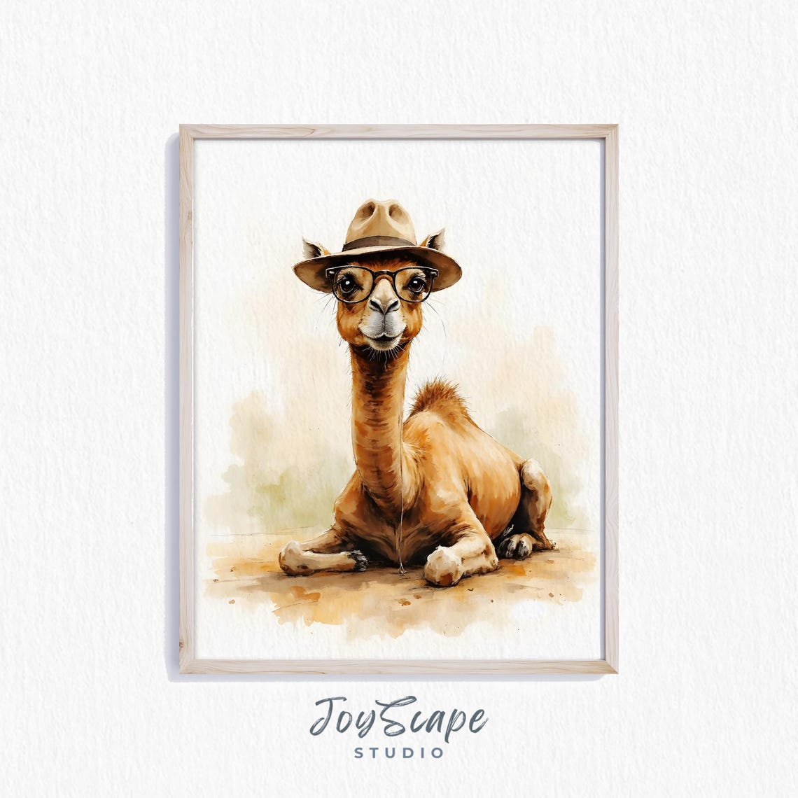 Funny Camel Wearing Hat and Glasses Watercolor Nursery Poster