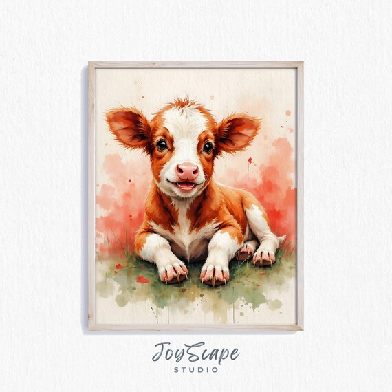 Simmental Calf Art Cute Farm Animal Print Rustic Nursery Wall Decor Country Style Painting Baby Cow