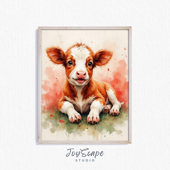 Smiling Red And White Calf Watercolor Farm Nursery Wall Poster