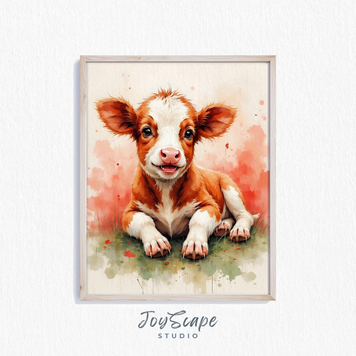 Smiling Red And White Calf Watercolor Farm Nursery Wall Poster