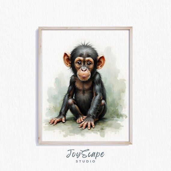 Baby Chimpanzee Sweet Watercolor Cute Jungle Safari Nursery Poster