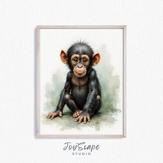 Baby Chimpanzee Watercolor Nursery Wall Art Jungle Animal Kids