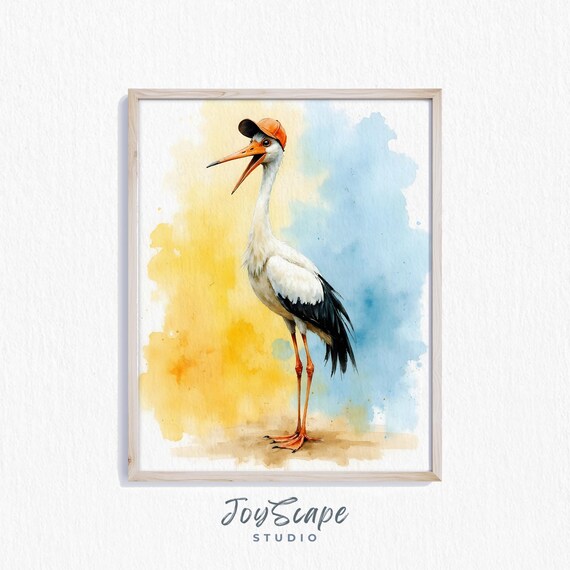 Cheerful Stork Wearing an Orange Cap Watercolor Nursery Bird Poster