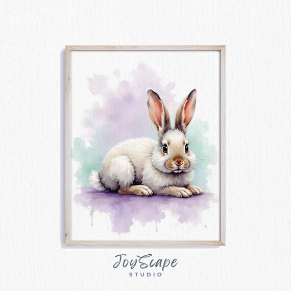 Jersey Wooly Bunny Watercolor Art Cute Rabbit Painting Pastel Nursery Decor Kids Room Wall Animal Lover Gift
