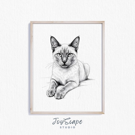 Siamese Cat Fine Line Minimalist Black and White Sketch Poster