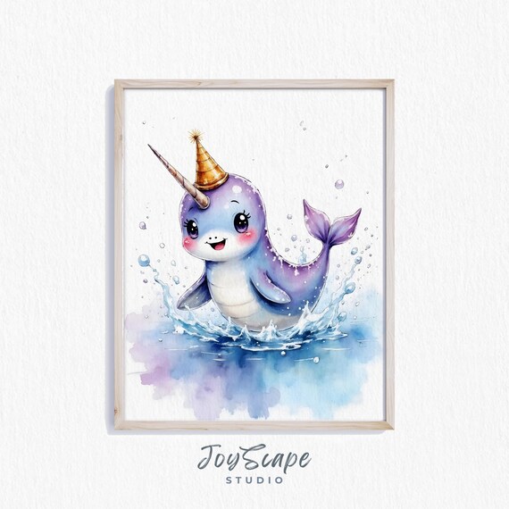 Baby Narwhal Party Hat Watercolor Cute Arctic Whale Nursery Wall Poster