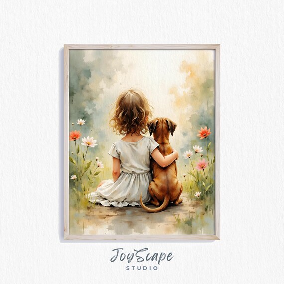 Boxer And Girl Hug Nursery Decor Kids Art Dog Wall Print Childrens Room Puppy Love Illustration 716